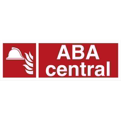 Brandskilt med symbol for brandslukning og teksten "ABA central" i hvid skrift på rød baggrund.