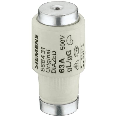 Siemens Diazed DIII sikring 63A gL/gG 500V AC i keramik med sort mærkningsring og metalender.