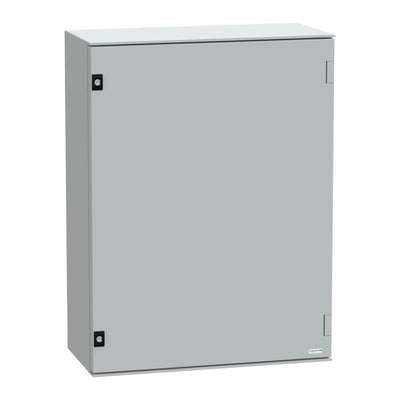 Schneider Electric vægskab 7035 i RAL 7035, 847x636x300 mm, med metal bundplade, præsenteret isoleret på hvid baggrund.