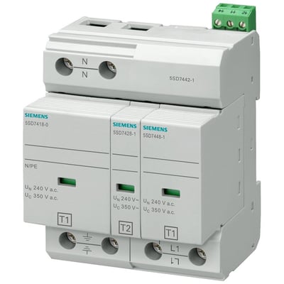 Siemens 5SD7 T1-2 overspændingsbeskytter, 2-polet, 350V TN-S/TT med N/PE og L1 tilslutninger samt fjerndisplay kontakt.