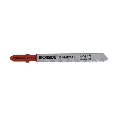 Ironside T118A stiksavklinge til metal, set fra siden med sølvfarvet klinge og rødt fæste.