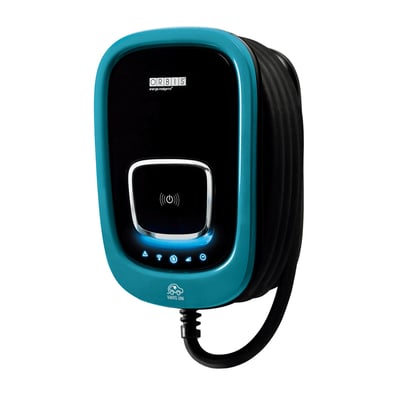 Orbis Viaris UNI 22 kW billader med sort front, turkis kant, lysende statusikoner og Type 2-kabel.