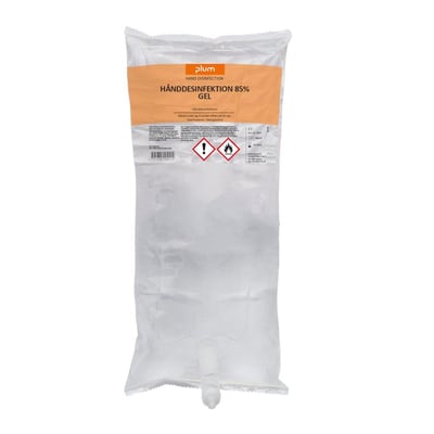 Bagside af Plum hånddesinfektion gel pose, 1 liter, 85% alkohol og med glycerol.