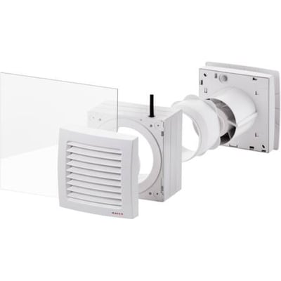 Maico Ventilatoren rudesæt FE100/1SG med fast gitter, vist som samling af dele til vindues- eller vægmontering.