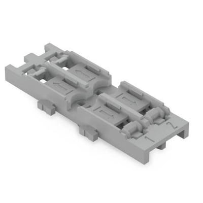 Wago 2-vejs monteringsholder i grå plast uden trækaflastning, med snap-in fod til fjedersamlemuffer.