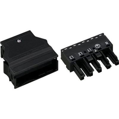 Wago 5-polet hunstik med kappe i sort plast, viser både han- og hunstikket separat til 2 ledere, 9-13 mm kabeldiameter.