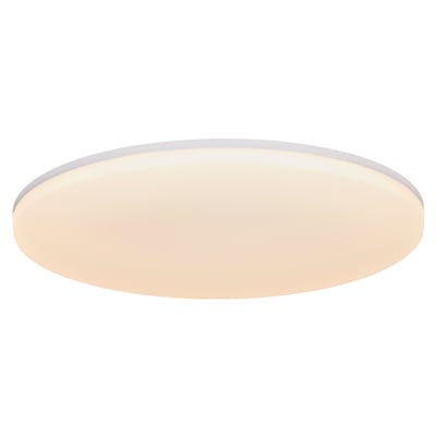 Nordlux Vic 35 loftlampe, en flad, rund hvid lampe i plast med en tynd grå kant, belyst bagfra.