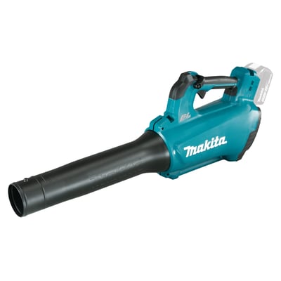 Sidevisning af Makita 18V løvblæser DUB184Z med sort blæserør og turkis kabinet, der viser batteriindgang og mærke.