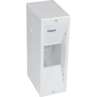 Hager Gamma afdækning i hvid polystyrol, 2 moduler, med forpræget kabelgennemføring og plomberingsmulighed.
