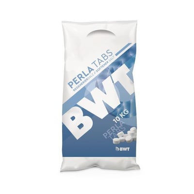 BWT Perla Tabs salt til blødgøringsanlæg, 10 kg pose med detaljerede logoer og produktnavn.