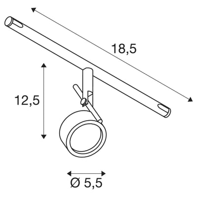Teknisk illustration af SLV SALUNA kabelarmatur med dimensioner i mm for længde og diameter.