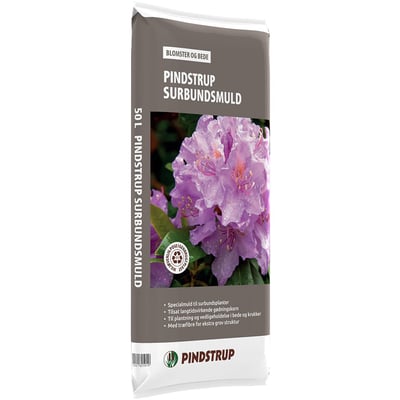 Pindstrup Surbundsmuld (Spagnum) i 50 liters pose, med billede af en lyslilla rhododendronblomst på forsiden.