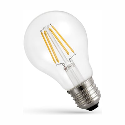 SpectrumLED E27 LED-pære på 8,5 W med klart glas, synlige LED-filamenter og stor metalsokkel.