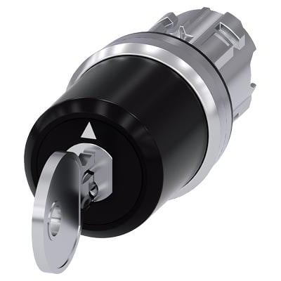 Siemens nøglebetjent afbryder i metal, 22 mm rund med sort front og kromring, nøgle isat i låsen.