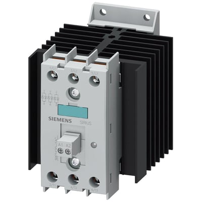 Siemens 3RF2 solid-state kontaktor med 3-faset 20A kapacitet og 48-600V spænding, vist med køleplade og terminaler.