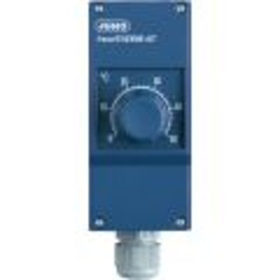 Blå staldtermostat med drejeknap til temperaturindstilling fra 0-50°C, mærket JUMO, med IP54 beskyttelse.