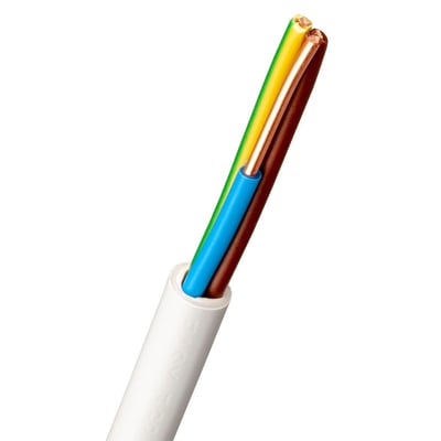 Nexans EXQ Easy installationskabel med tre farvede ledere (blå, brun, gul/grøn) inde i et gråt, halogenfrit kappe på hvid baggrund.