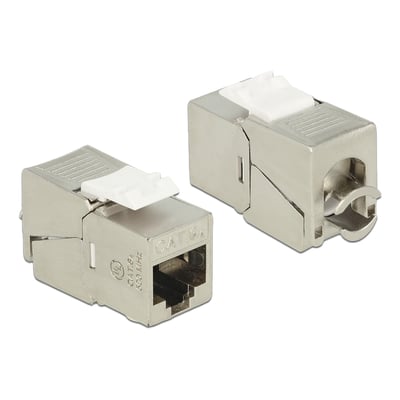 Delock Keystone modul RJ45 Cat.6A STP compact i sølv metal med hvid LSA tilslutning. To moduler vises, et forfra og et fra siden.