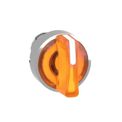 Schneider Electric Harmony XB4 drejegreb med lys, Ø22 mm, der viser den orange grebsfarve og metalfronten på hvid baggrund.