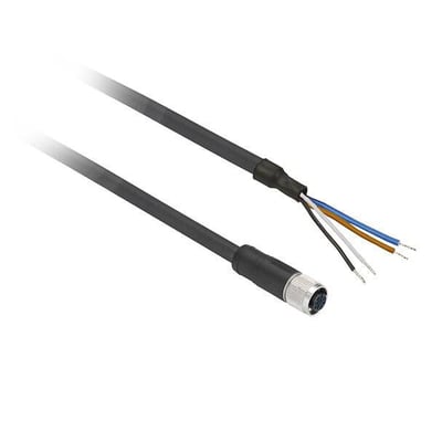 Telemecanique Sensors XZCP1141L5J er et 5 meter tilslutningskabel med sort ledning, lige 4-polet M12-hunstik og frie ledere.