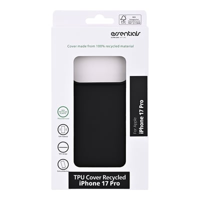 Sort TPU-bagcover til iPhone 17 Pro ses i emballagen, hvor coverets glatte bagside er synlig.