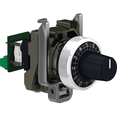 Schneider Electric komplet potentiometer XB4BD912R10K med 10 kOhm, Cermet teknologi og metalhus, viser drejeknap med skala.