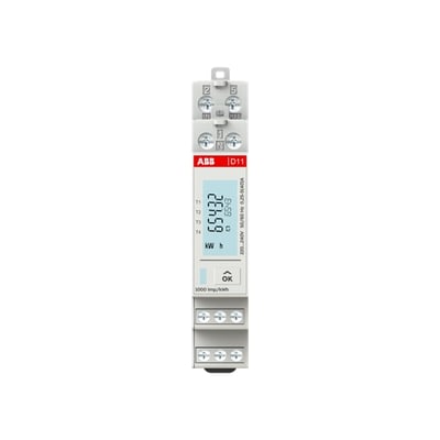 ABB D11 1-faset energimåler til direkte måling 40A med Modbus og LCD-display. Kompakt design på 17.5mm bred med terminaler for tilslutning.