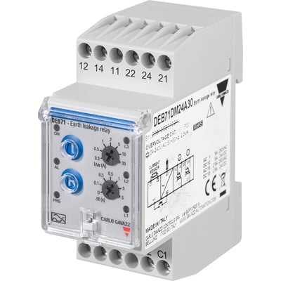 Carlo Gavazzi Type A-jordfejlsrelæ, justerbart op til 5 A, set skråt forfra med blå knapper og tilslutninger.