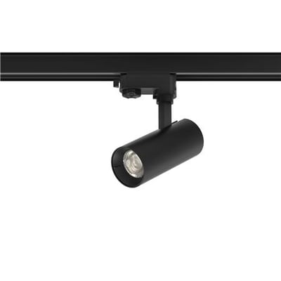 One Track G3 CCT 20W sort spotlight monteret på en sort 3-faseskinne med hvid baggrund.