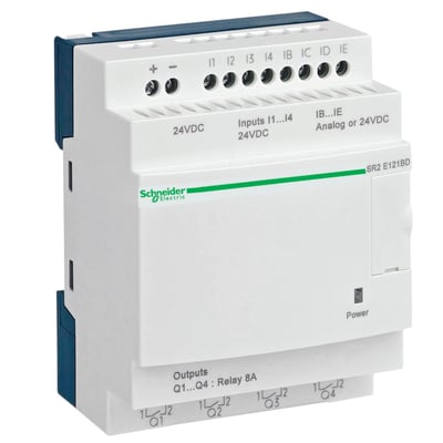 Schneider Electric Zelio Logic SR2 programmerbar controller med 12 I/O og 24 V DC forsyning, vist med skrueklemmer for indgange og udgange.