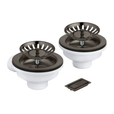 To GROHE bundventiler i børstet hard graphite til køkkenvask, med dækkeelement og overløbsrist, samt et separat dækkeelement.