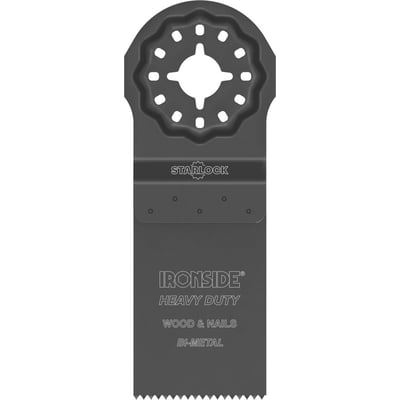 Ironside 32 mm savklinge til multicutter med Starlock-optag og savtakket skærekant, set forfra.