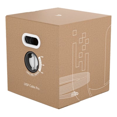 Ubiquiti UISP Cable Pro 305m STP CAT 5e netværkskabel i sort, vist i sin papkasse med kabelstyringsfunktion og designgrafik.