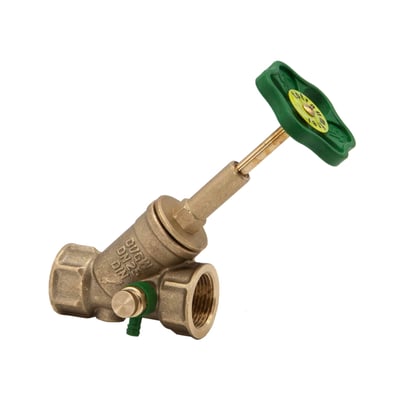 Nil 1" friløbs stopventil i messing med grønt håndtag og aftapningsfunktion på hvid baggrund.