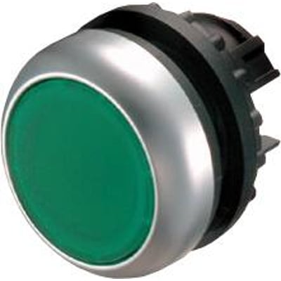 Eaton M22-D-G grøn trykknap med plant tryk, poleret metalkant og robust sort bagmontering.