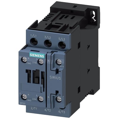Siemens SIRIUS 3RT2 strømkontaktor, 25A, 3-polet, med 1 NO og 1 NC hjælpekontakt, og skrueterminal.