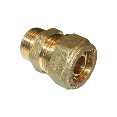 Tiemme Pex overgangsnippel i messing med 28 mm rørdimension og 1" indvendigt gevind, VA/GDV godkendt til VVS installationer.