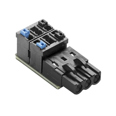 Weidmüller interfacemodul med terminaler og PUSH IN-tilslutning, sort med blå detaljer, set skråt forfra.