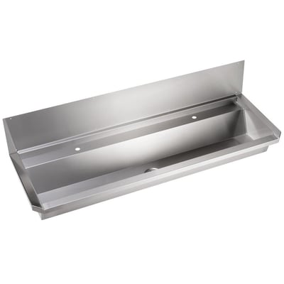 Intra vaskerende i rustfrit stål på 1500 x 395 mm, med bagplade og synlige integrerede vægbæringer.