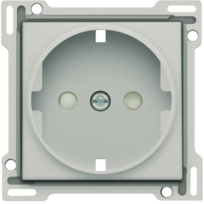 Niko-afdækning til Schuko-stikkontakt i light grey med rund åbning og synlige sidejordskontakter.