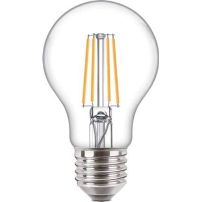 Philips Lighting Standard LED-pære i klar A60-form med synlige filamenter og E27-fatning, 9 W og dæmpbar.