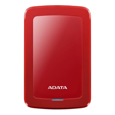 Rød ADATA HV300 ekstern harddisk med 2 TB lagerplads, set forfra med glat midterfelt og prikket kant.