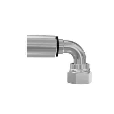 Parker 1J948-12-12 hydraulikfitting i kromatiseret stål, set fra siden med bøjet ORFS-tilslutning og omløber.