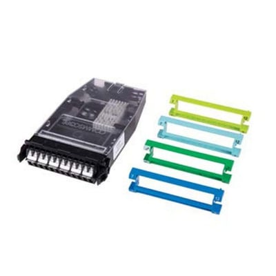 CommScope G2 Splidse kassette modul med 6xLC duplex porte, uden pigtails, vist med 4 medfølgende farverammer i grøn, blå og turkis.