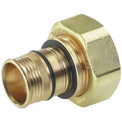 Geberit forskruning til Mepla rør 50x4,0mm med 1 3/4" omløber i skinnende rødgods på hvid baggrund.