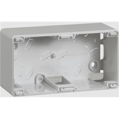 Lauritz Knudsen Opus66 underlag i lysegrå plast med 2 moduler og 45 mm dybde, vist indvendigt med monteringsmuligheder.
