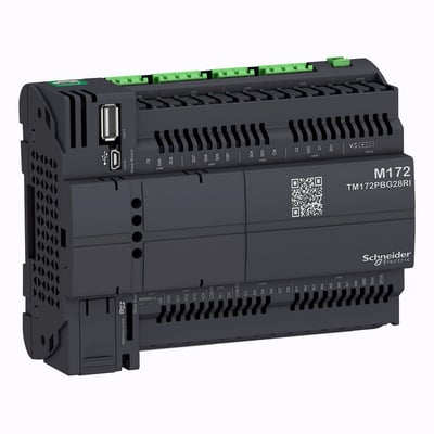 Schneider Electric M172 performance controller med 28 I/O, Ethernet, CAN og RS485 porte, vist fra en skrå vinkel med fokus på tilslutningsmuligheder.
