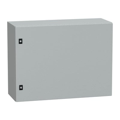 Lukket Schneider Electric CRN metal vægskab, 600x800x300mm i RAL7035, vist fra fronten med monteringshuller til vægophæng.