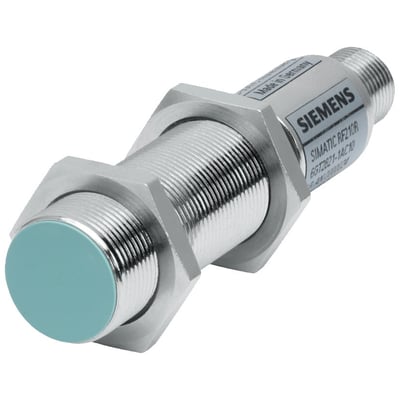 Siemens SIMATIC RF IO-Link tilslutningskabel med M12 4-polet stik og grøn ende, metalhus.