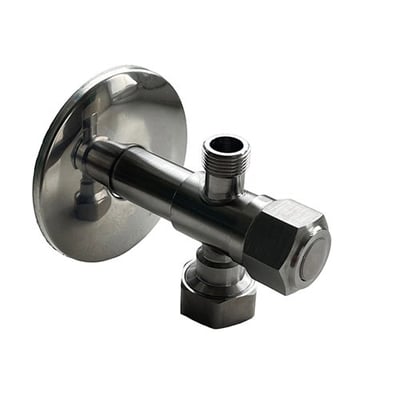 DRJ rustfri stopventil med dimensioner 1/2 x 3/8 x 3/4 tommer, vist på hvid baggrund.